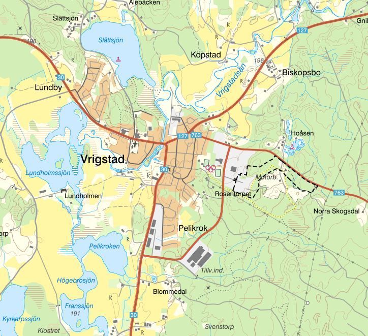Ungefärligt planområde markerat på karta över Vrigstad tätort