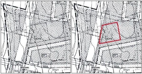 Kartutdrag från äldre detaljplan med planområdet utritat i rött.