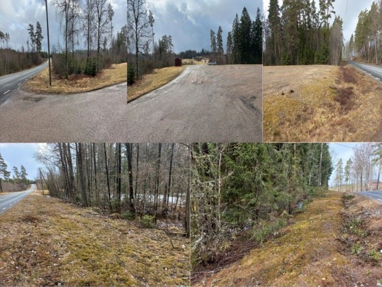Kollage där de tre övre bilderna visar platsen vid infarten till motorbanan, medan de två undre bilderna visar på lågpunkten med sankmark som ligger väster om grusplanen vid infarten och hur terrängen börjar stegra uppåt utmed Stockarydsvägen i västlig riktning.