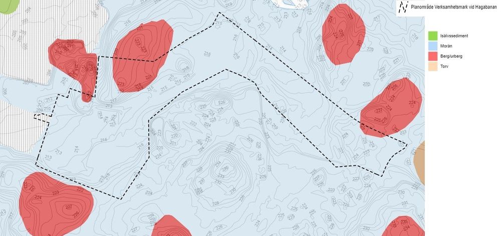 Karta över planområdet som visar höjddata från kommunen tillsammans med inläsning av Sverige Geologiska undersökning karttjänst för Sverige jordarter i skala 1:25 000- 1:100 000.  
