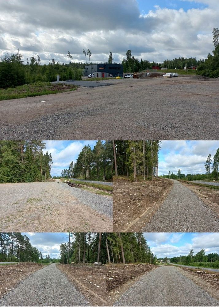 Övre bild visar nya studielokalen och pumpanläggningen för VA-ledningar. Nedre bild visar förberedelse för en ny gång- och cykelvägen utmed Stockarydsvägen till studielokalen och motorbanan. 